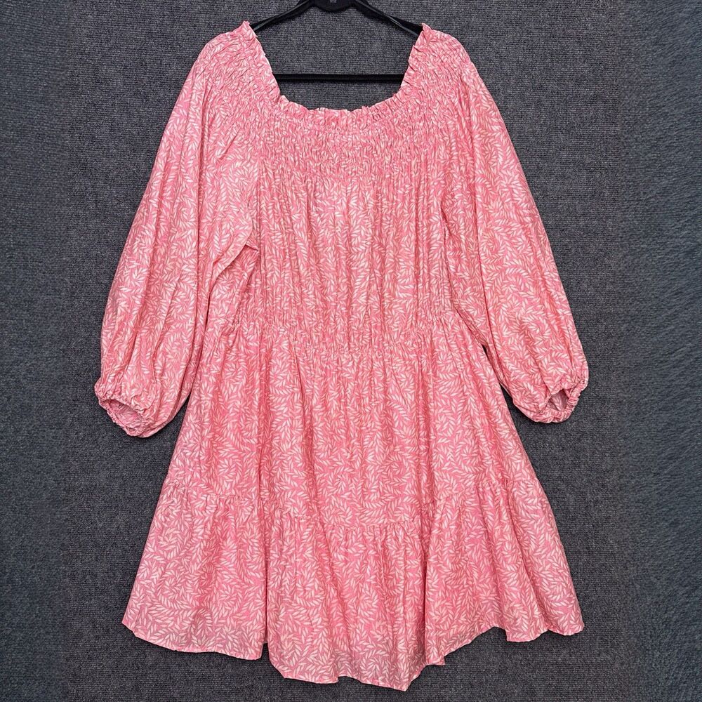 NWT H&M Womens Off The Shoulder Dress Pink  Ivory Pattern Smocked Romantic XXL